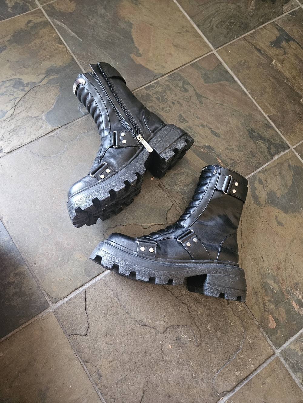 NWOT Killstar Black Quilted Front-Panel Leather Combat Boots - Picture 2 of 4